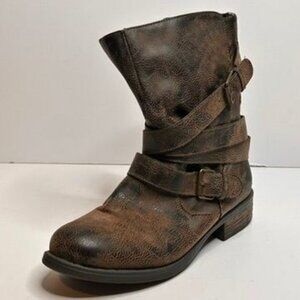 Brown Chunky Mid-Calf Boots Womens 11M Vegan Leather Buckle Straps Biker 90s